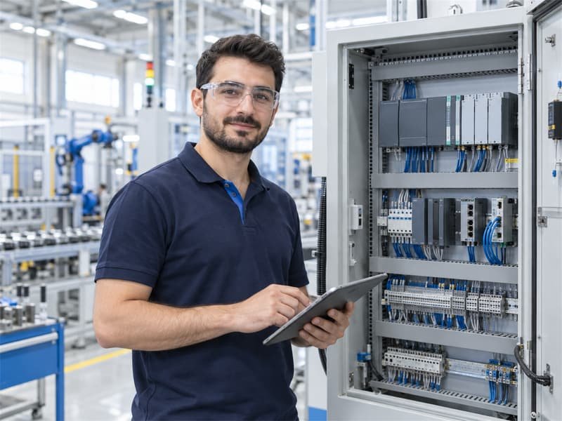 Engineer using an operator panel on an automated production line