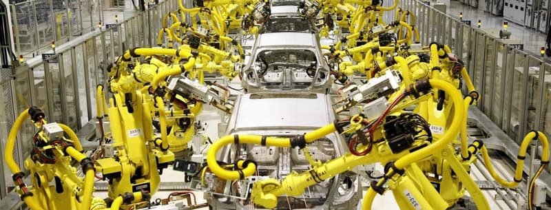 Welding robots on an automotive production line